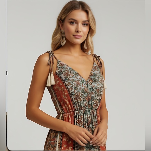 Boho Floral Print Backless Tie Shoulder Ruffle Hem Cami Dress - Picture 3 of 11